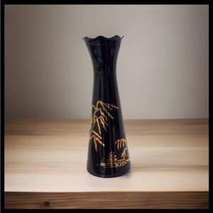 Vintage Black Glass Vase Gold Pagoda & Willow Tree Design